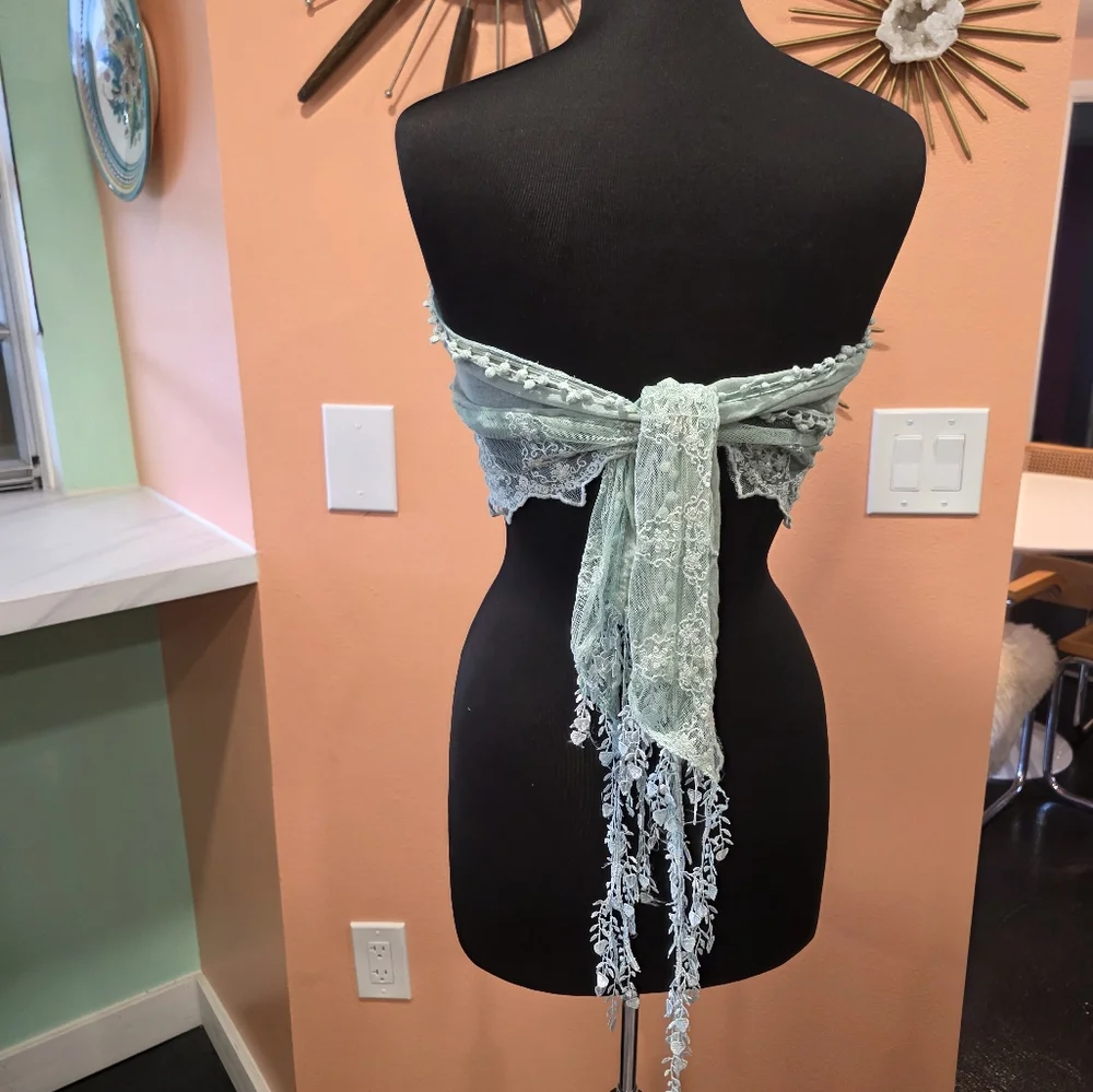 Hippie Scarf Bohemian Mint Vintage Y2K Light Blue Lace Boho Chic Festival